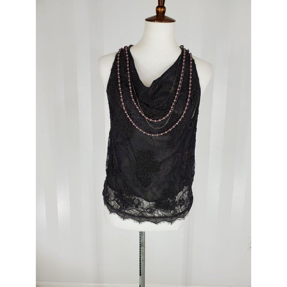 NWT Alice + Olivia Black Beaded Lace Embellished Racerback Tank Top Sz S